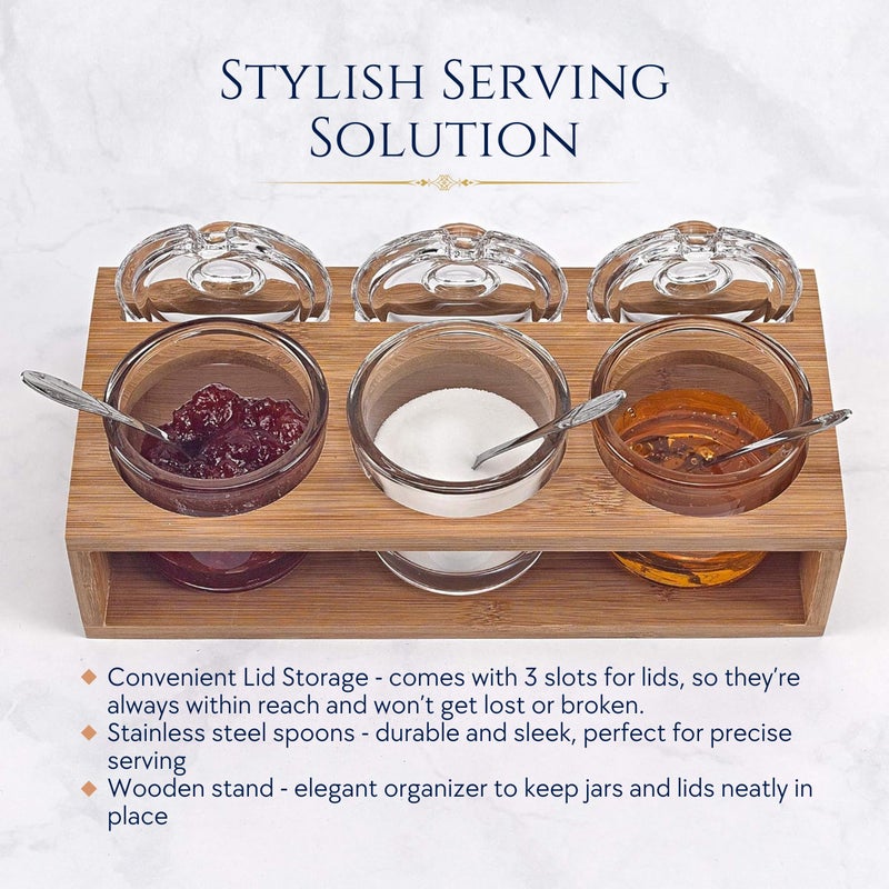 Badash Crystal Glass Jar Set - 10-Piece Glass Jars with Lids, Spoons, and Wood Stand for Jam, Honey, Spice, or Condiments - Ideal for Salad Dressing & Sauce - Image 3
